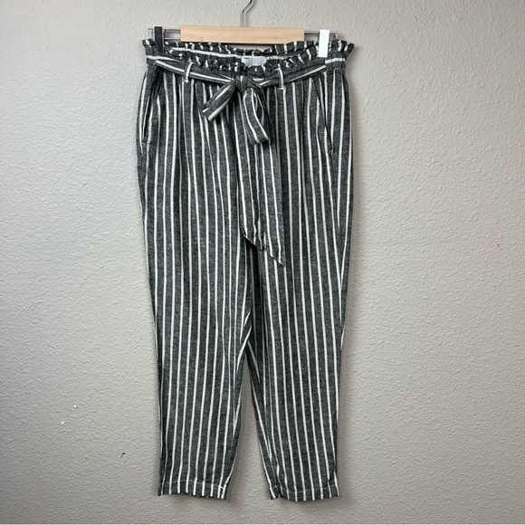 𝅺Abound Belted Linen Blend Black and White Striped Pants Sz M - Picture 1 of 5